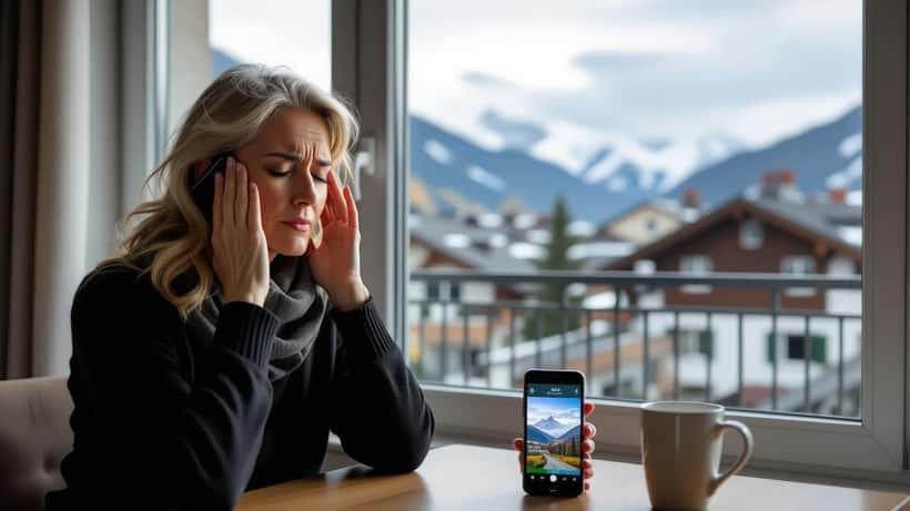 Femme souffrant d'une migraine près d'une fenêtre alors qu'un ciel orageux se forme au-dessus des toits en Suisse