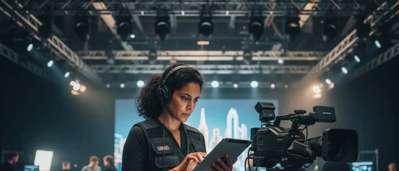 Freelance TV camera operator reviewing a contract on a tablet in a London television studio