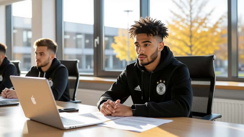 Young footballer in tense transfer negotiation with club officials on deadline day, contract papers on table