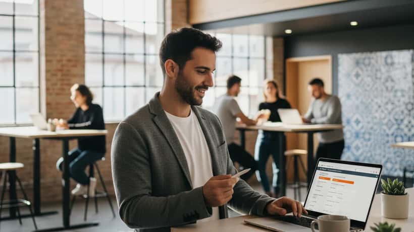 Profissional freelancer português a trabalhar num espaço de co-working em Porto com declaração de IRS no ecrã