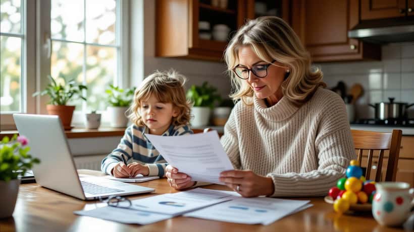 Femme canadienne analysant ses documents de retraite et de pension à la maison