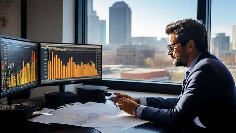 Asesor financiero revisando gráficas de mercado en caída en oficina de Baltimore