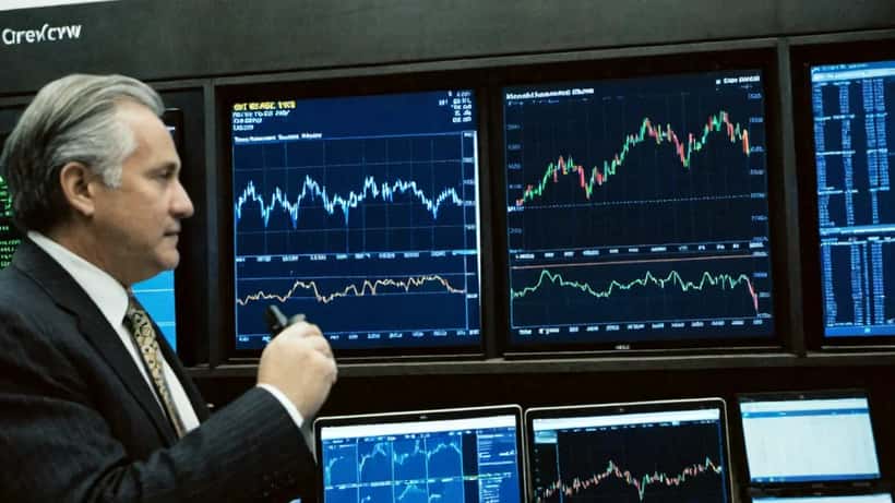 Conseiller financier analysant des graphiques d'actions IA sur ses écrans à Toronto