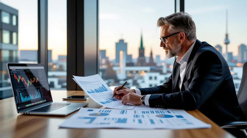 Finanzberater in Berliner Büro prüft Anlageportfolio und Rentenplanung