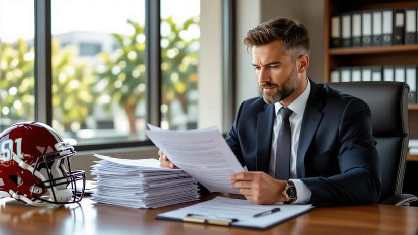 Employment attorney reviewing contract documents at a Los Angeles law office desk with a college football helmet visible in the background