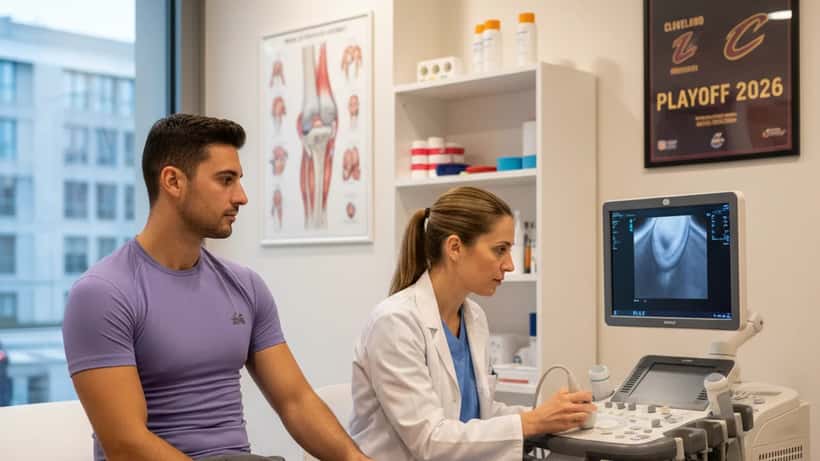 Medico sportivo esegue ecografia al ginocchio di uno sportivo amatoriale in una clinica di Milano