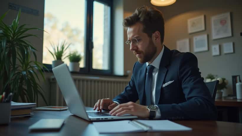 En advokat gennemgår en strafferetssag på en bærbar computer på et kontor i Danmark