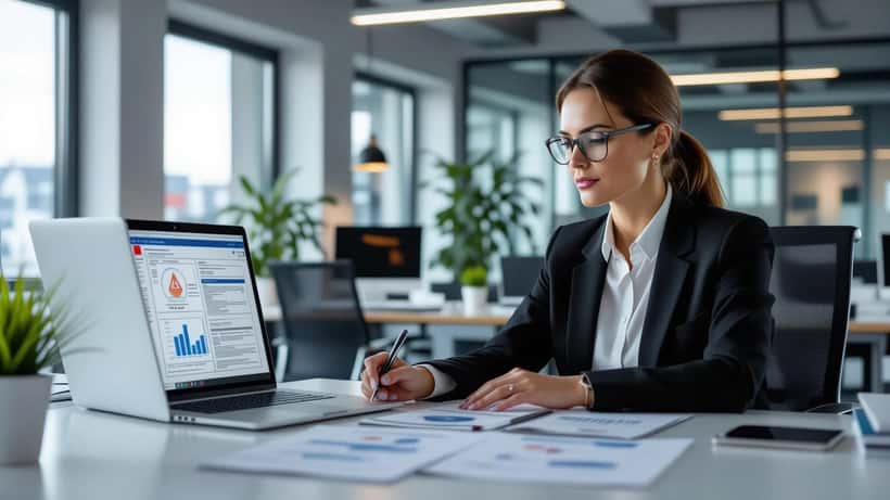 IT-compliance-ansvarig granskar EU AI-lag dokument i modernt Stockholmskontor