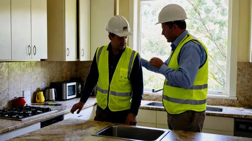 Building inspector examining empty kitchen cabinets in a luxury Melbourne home during a renovation handover dispute