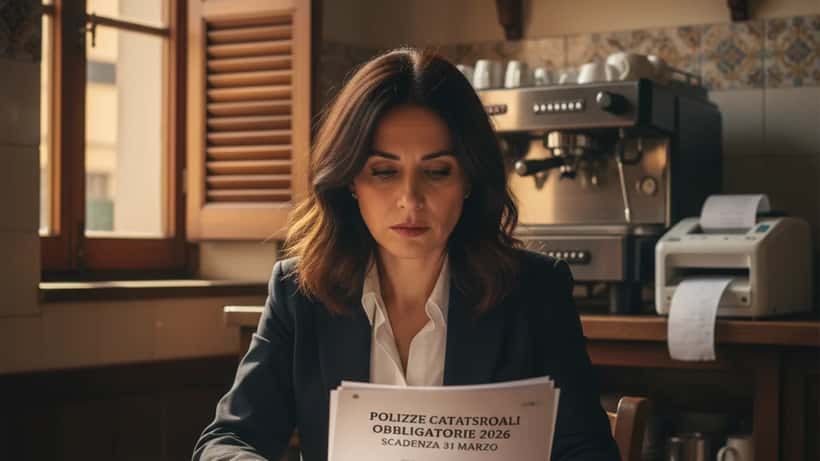 Titolare di ristorante che controlla i documenti della polizza catastrofale obbligatoria