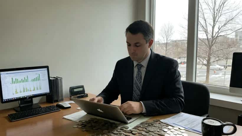 Conseiller financier analysant des pièces d'argent et des graphiques de prix dans un bureau moderne