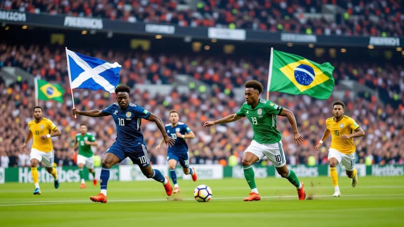 Match de football Écosse – Brésil 2026 dans un stade vibrant