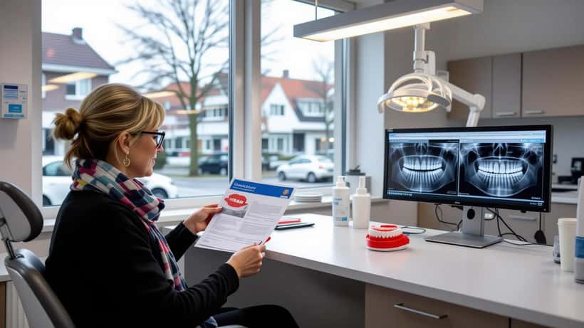 Vrouw vergelijkt tandartsoffertes uit Nederland en België in een wachtkamer