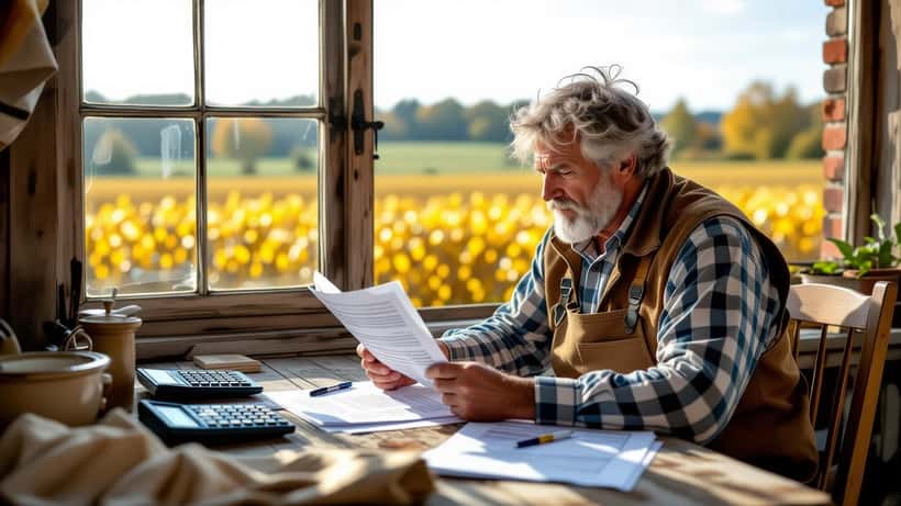 Agriculteur français en retraite consultant ses documents de pension MSA sur une table de ferme