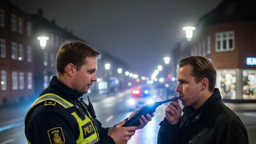 Dansk betjent udfører spirituskørselskontrol med alkometer ved vejkanten i København om natten