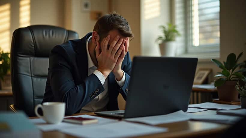 Udmattet dansk professionel sidder ved kontorskrivebord med hoved i hænderne