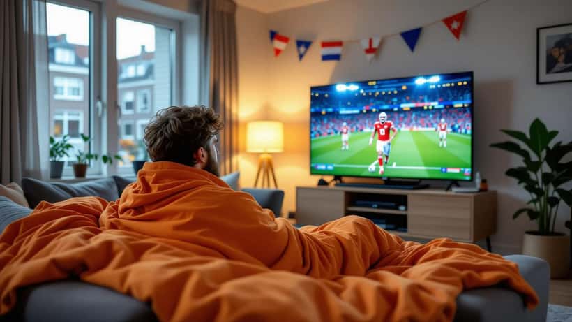 Nederlander kijkt midden in de nacht naar WK 2026 wedstrijd Nederland-Marokko op televisie in donkere woonkamer