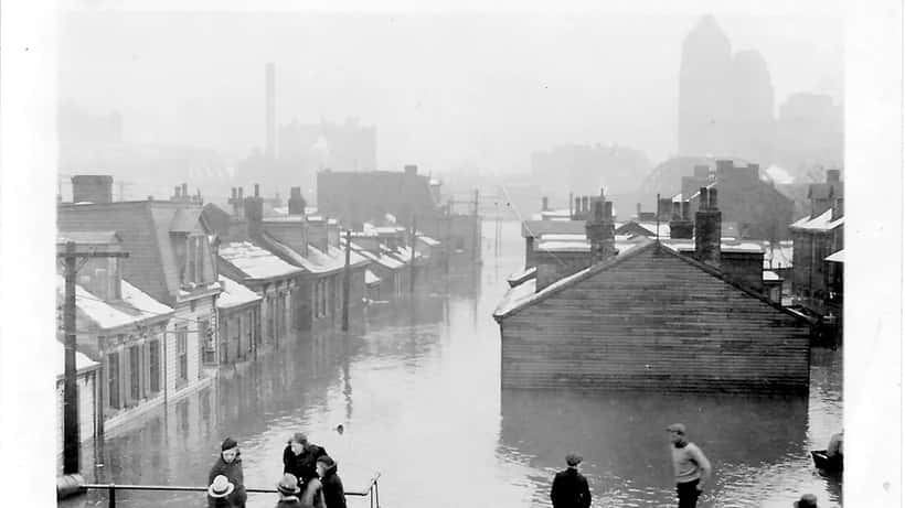 Historical Pittsburgh flood scene showing inundated streets in Allegheny County