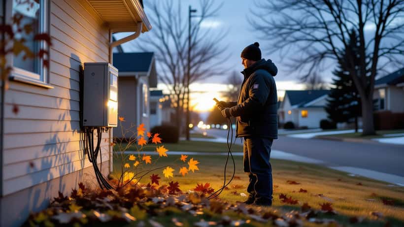 Homeowner inspecting a wind-damaged electrical meter base on a house near Edmonton at dusk