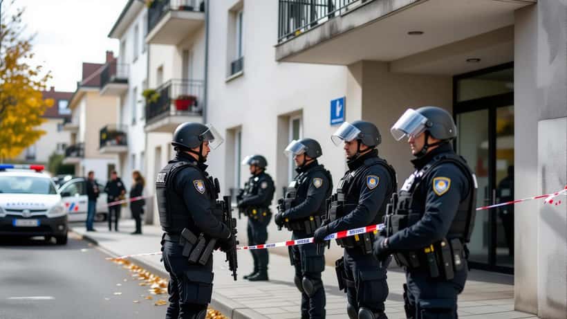 Policiers en tenue intervenant dans un quartier résidentiel lors d'une opération anti-drogue