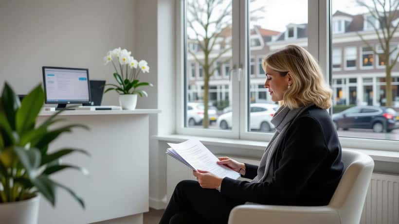 Patiënte in een moderne privékliniek in Amsterdam die zorgverzekeringsdocumenten bestudeert