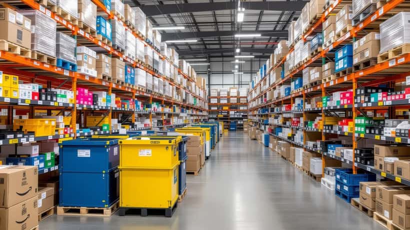 Centro de distribuição da Amazon no Brasil com robôs logísticos separando caixas de entrega em 2026