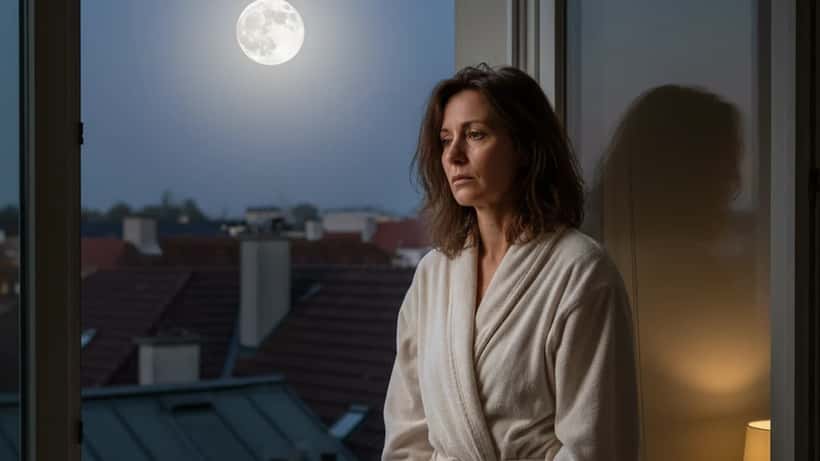 Frau schaut nachts auf den Vollmond durch ihr Münchner Appartementfenster