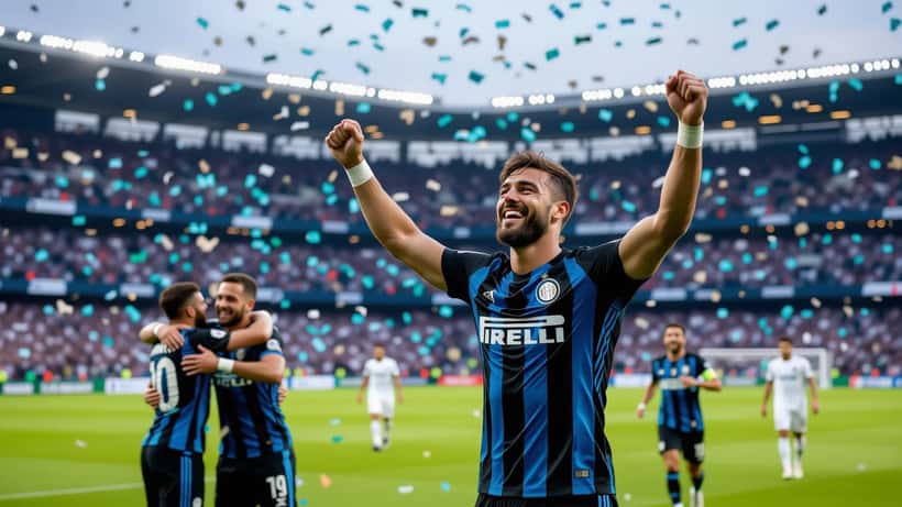 Footballeur en maillot Inter Milan célébrant le titre de champion de Serie A au San Siro en 2026