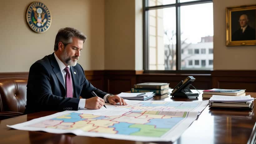 Attorney examining Missouri congressional district map in federal courthouse conference room