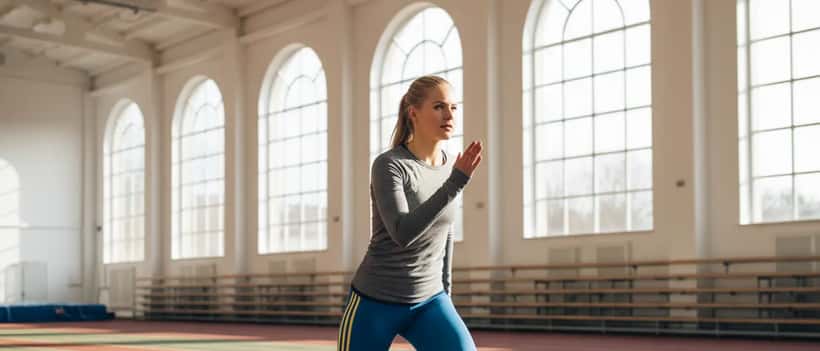 Svensk kvinnlig idrottare värmer upp på en inomhus friidrottsbana