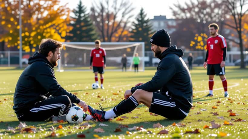 Recreational soccer player on sideline with swollen ankle being assessed by sports medicine professional, Toronto autumn pitch in background