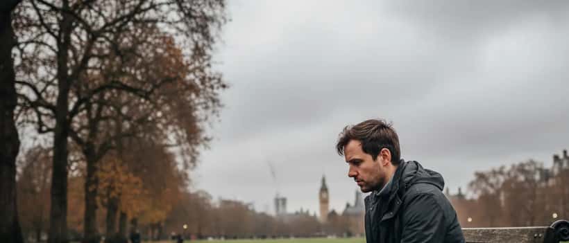 A British man sitting alone on a park bench looking withdrawn and reflective, grey London sky overhead