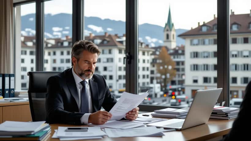 Administrateur suisse examinant des documents de faillite dans un bureau à Lausanne