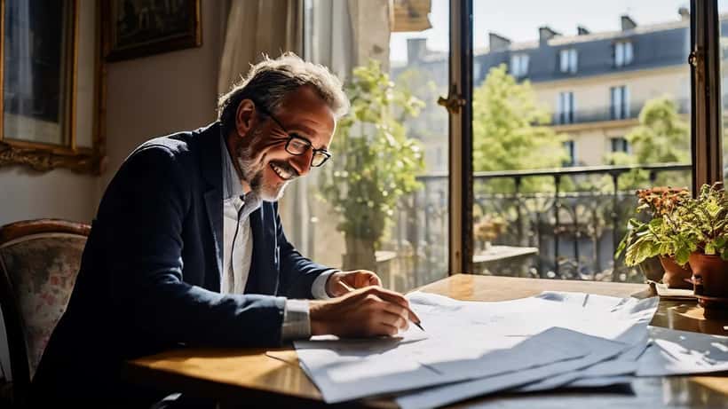 Propriétaire français révisant un contrat de location avec les documents DPE et un bail signé sur une table d'appartement parisien