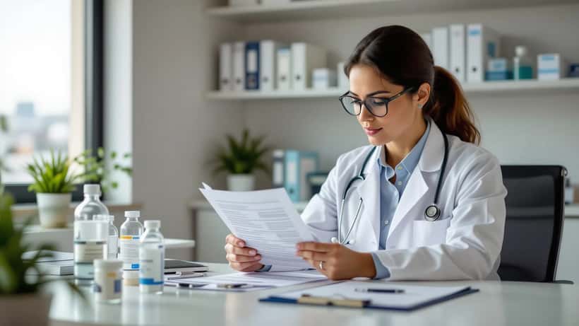 Endocrinologista brasileira revisando prontuário de terapia hormonal em consultório médico