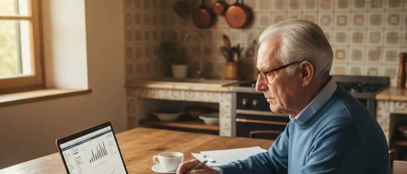 Pensionato italiano che consulta il suo cedolino INPS su laptop a casa propria