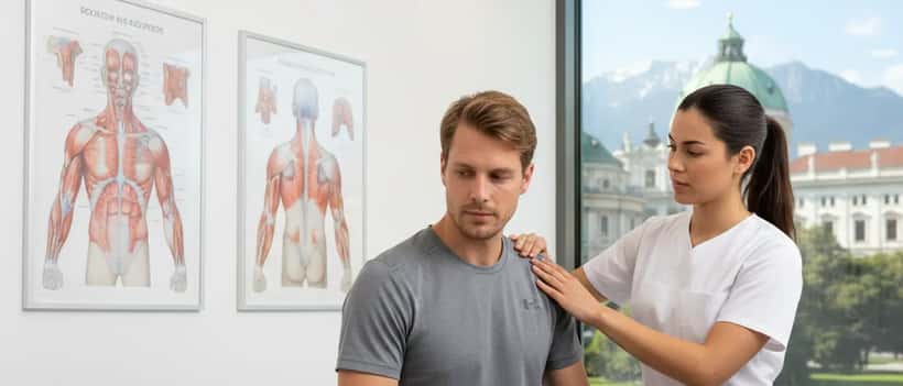 Sportarzt untersucht die Schulter eines Tennisspielers in einer modernen Sportmedizin-Klinik in Wien