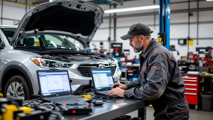 Een gecertificeerde hybridemonteur inspecteert een hybride SUV met een OBD-scanner in een Nederlandse autogarage in 2026