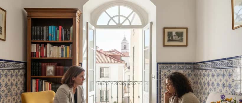 Psicólogo português em consulta ouvindo jovem adulto em ambiente profissional acolhedor