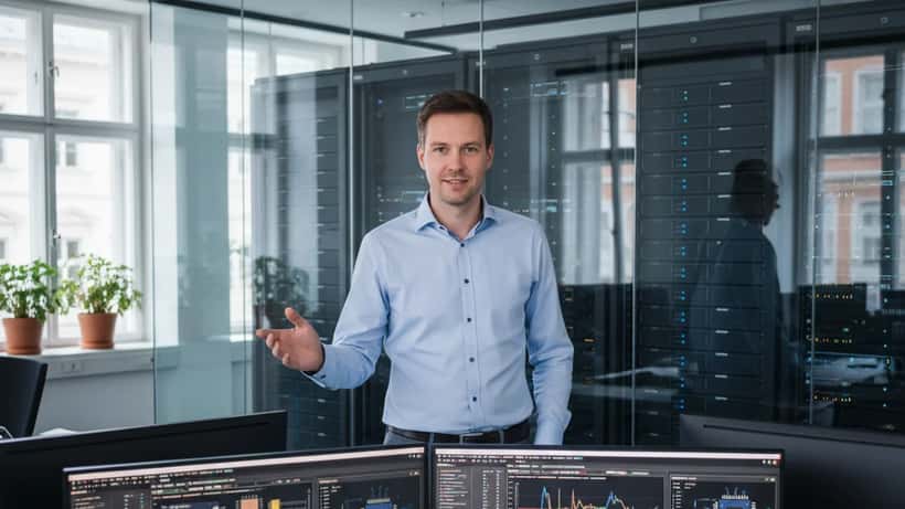 IT-Berater in einem Wiener Büro vor Workstation mit Hardware-Benchmarks