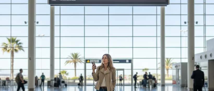 UK tourist at Tenerife airport checking flight delays on departures board during Storm Therese 2026