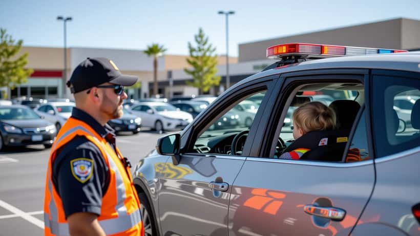 Socorrista em colete laranja a verificar carro fechado ao sol num parque de estacionamento