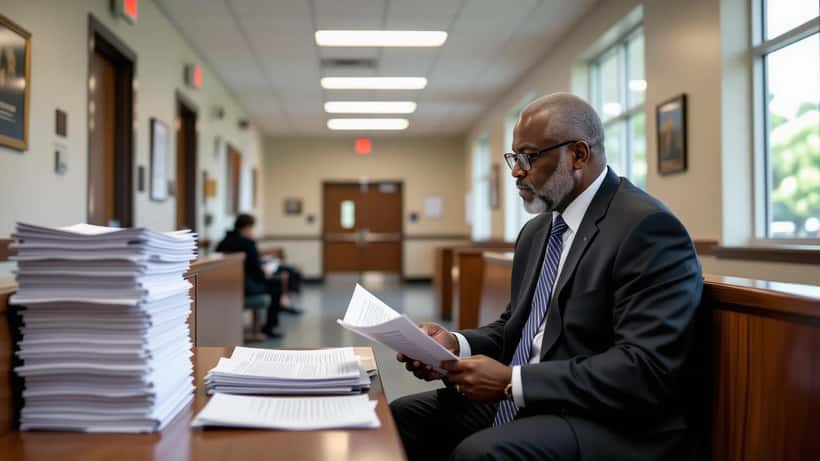 Man reviewing contempt of court documents in a Florida family courthouse hallway