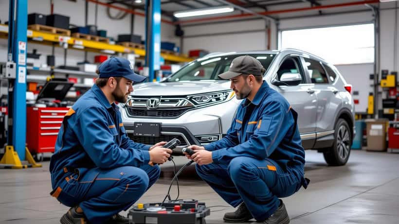 Mecânico examinando sistema de direção de Honda CR-V levantado em oficina em São Paulo