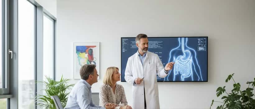 Arzt erklärt einem Patienten die Darmkrebsvorsorge in einer modernen Klinik