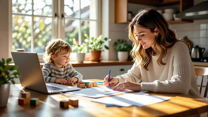 Australian mother reviewing kindergarten enrollment forms with child playing in background
