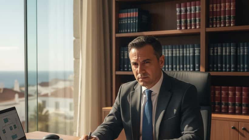 Advogado criminalista português a analisar documentos em escritório no Algarve