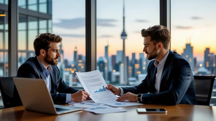 Financial advisor reviewing a guaranteed income contract document with client in modern Canadian office