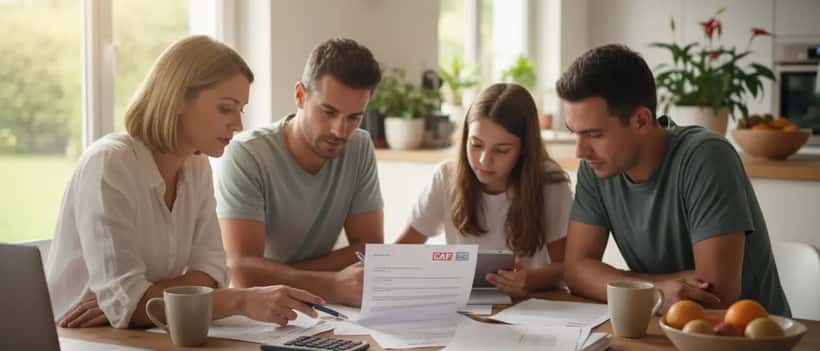Famille française examinant des documents CAF à la table de cuisine