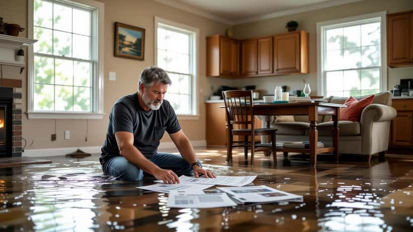 Homeowner reviewing flood damage and insurance documents inside a water-damaged living room after a disaster